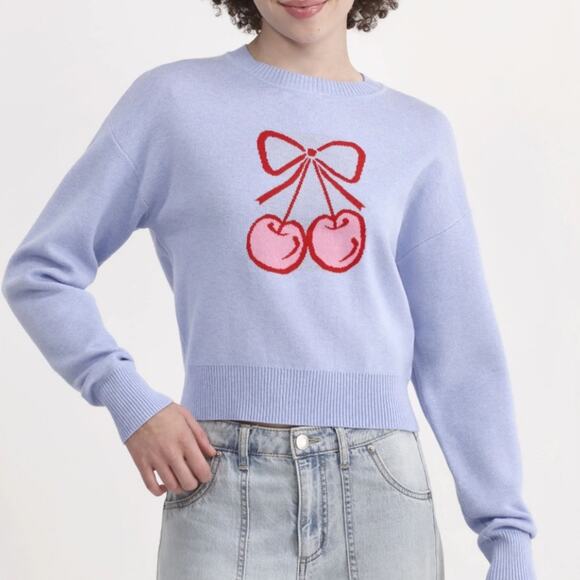 ๐ 3/$10 ๐ No Boundaries Cherry Design Sweater Light Blue Red Size Small - Picture 2 of 13